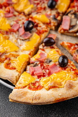 Pizza ham, mushrooms, olives, cheese appetizer vegetable dish fresh delicious gourmet food background on the table rustic food top view copy space