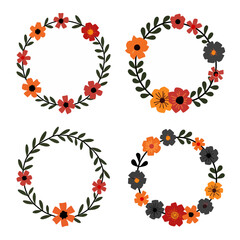 Wreath flowers circle Scandinavian style, Set of floral elements, Round floral frame