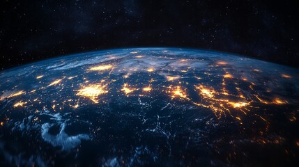 Obraz premium A serene view of Earth from space with glowing city lights and a sunrise on the horizon beneath a starry sky