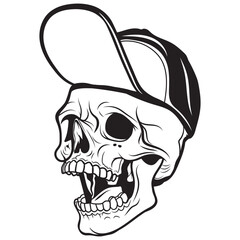 This eye-catching black and white vector features a human skull wearing a baseball cap, depicted in a dynamic and edgy style