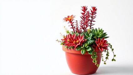 Naklejka premium Colorful Penstemon and Euphorbia in Terracotta Vase, Copy Space Design