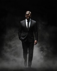 Businessperson walking through misty black background in formal suit, mysterious journey concept