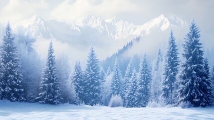 Serene snow covered landscape with frosty trees and distant mountains beautiful image