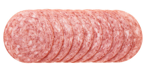Salami slices, smoked Sausage, isolated on white background, full depth of field