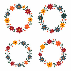 Wreath flowers circle Scandinavian style, Set of floral elements, Round floral frame