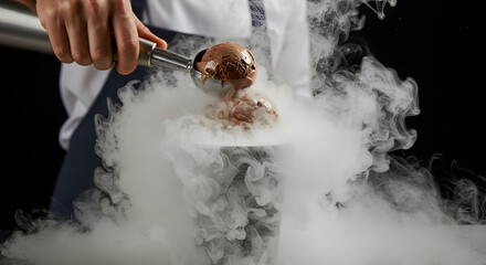 Chef Preparing an Elaborate Dessert with Smoke and Chocolate Ice Cream
