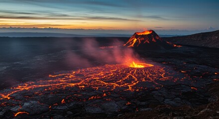 Spectacular Kilauea Volcano at Dusk with Flowing Molten Lava and Pink Vapor