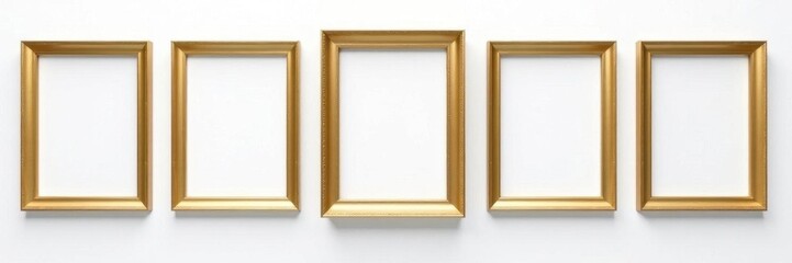 Fototapeta premium Several empty gilded frames hang against a stark white backdrop , aesthetic, interior, hanging