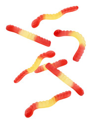 Falling Gummy candy, isolated on white background, full depth of field