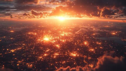Aerial view of a cityscape at sunset with glowing lights and dramatic cloud formations, creating a stunning twilight ambiance
