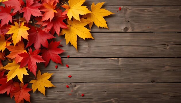 Red yellow mapple leaves decoration on wooden table, top view, free space for text, thanksgiving wallpaper