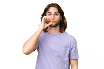 Young handsome man over isolated background showing a sign of silence gesture