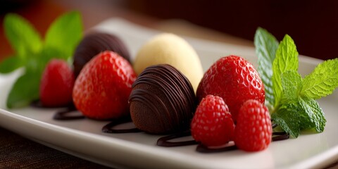 Chocolate truffles with strawberries placed on white plate under soft directional lighting against dark background in elegant composition highlighting luxury dessert aesthetic