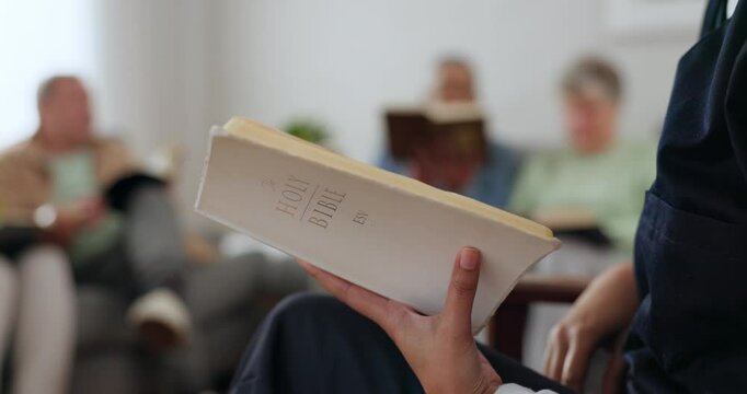 Closeup, home and group with a bible, hope and worship with prayer circle, commitment and religion. Zoom, scripture and religious practice with support, Christian and spiritual community with faith