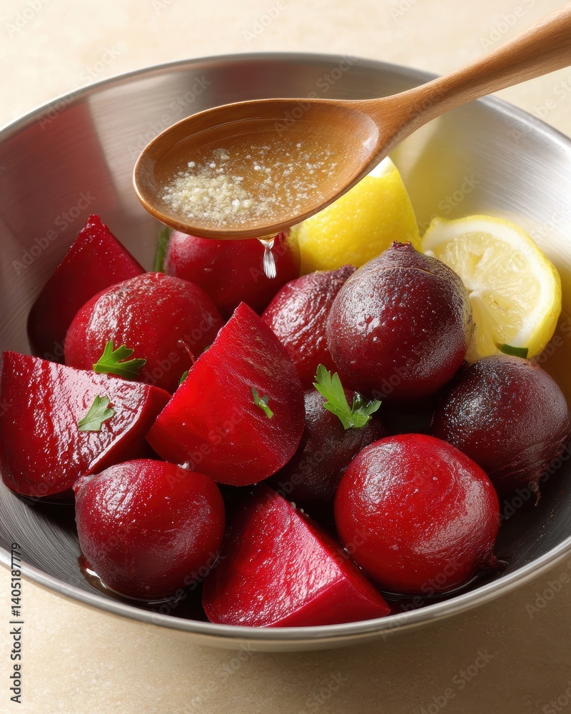 Poster adding horseradish to a vibrant beetroot salad in a cozy kitchen setting with warm lighting