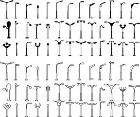 Outdoor urban light. Electric street lamp icon set, modern and vintage town lamp post ornamental design, old streetlamp electric power . Realistic metal lampposts ,Elements for landscape construction.