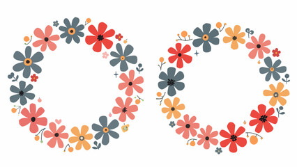 Wreath flowers circle Scandinavian style, Set of floral elements, Round floral frame