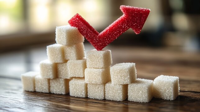 Rising Sugar Consumption A Stack of Sugar Cubes with an Upward Trending Arrow