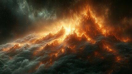 Fototapeta premium Dramatic landscape of fiery mountains surrounded by swirling clouds and mystical dark sky