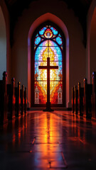 A church's stained glass window with a crucifix, illuminated by an unseen light source.