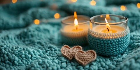 Soft candlelight illuminates a cozy setting with knitted hearts on a turquoise blanket
