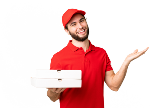 pizza delivery man with work uniform picking up pizza boxes over isolated chroma key background extending hands to the side for inviting to come
