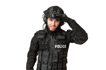 Fototapeta premium SWAT over isolated chroma key background looking far away with hand to look something