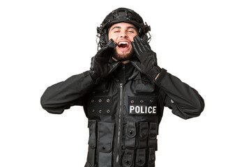 SWAT over isolated chroma key background shouting and announcing something