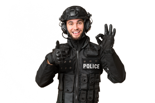 SWAT over isolated chroma key background showing ok sign and thumb up gesture