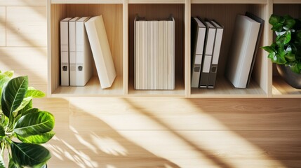 Fototapeta premium Organized books and folders on a shelf, showcasing simplicity and order in a minimalist workspace. 