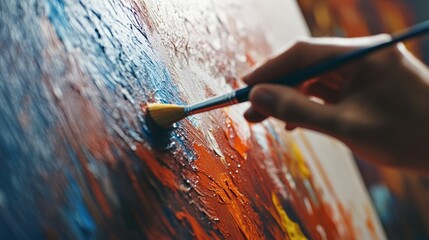 Artist painting large canvas artwork. Featuring brushwork and artistic creativity