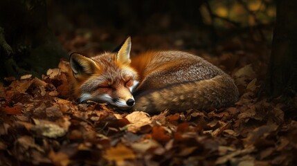 Obraz premium Restful red fox nestled amongst autumn leaves.