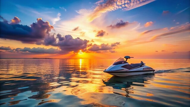 Seascape Jet Ski Sunset: A dynamic jet ski cuts across the tranquil sea under a vibrant sunset sky, painting the scene with warm hues.
