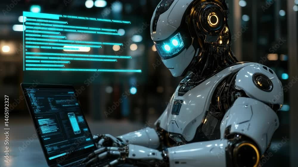 Poster futuristic humanoid robot working on multiple high-tech computer screens in a modern ai research cen