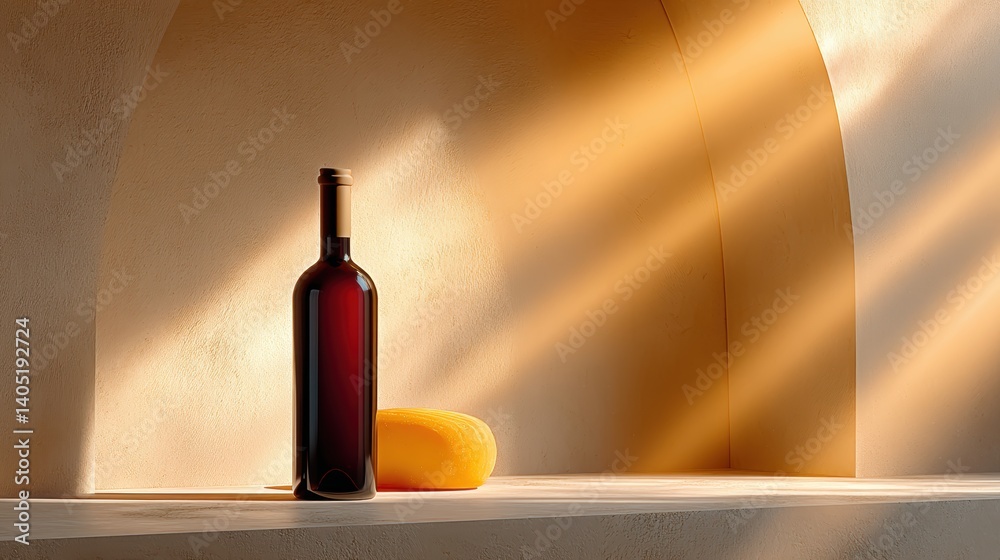 Poster minimalist display of wine bottle and cheese wedge on a stone surface under soft sunlight