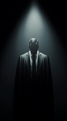 Cloaked businessman emerging from void with soft lighting on chest, hidden intentions theme, 3D illustration
