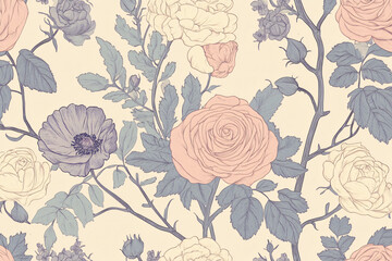 Seamless Vintage Floral Pattern with Hand-Drawn Roses and Leaves in Soft Pastel Tones
