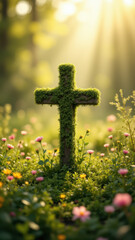A cross surrounded by flowers with rays of light shining through them.