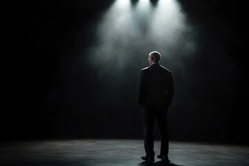 Fototapeta premium Photorealistic corporate male stepping out of darkness into spotlight, dramatic business reveal