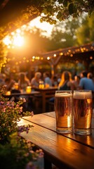 Two glasses of beer on a wooden table glow in the sunset, with people chatting in the background