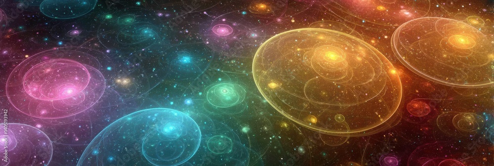 Poster fractal goddess emerges from neon rainbow matrix in a digital universe of swirling colors