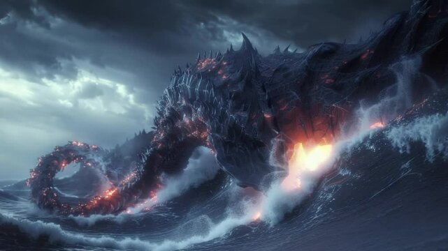 Dark Fantasy Dragon Emerging From Stormy Sea