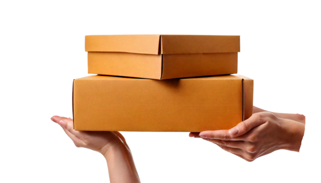 two hands holding a cardboard box isolated on transparent Bg