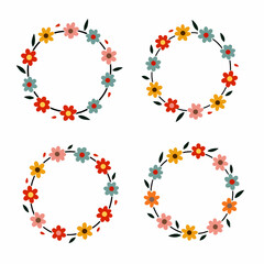 Wreath flowers circle Scandinavian style, Set of floral elements, Round floral frame of small flower bushes in delicate flowers in the Scandinavian style on a white background.	