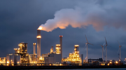hydrogen plant illuminated night, showcasing industrial structures and wind turbines background, creates striking contrast against dark sky. scene evokes sense of innovation and sustainability