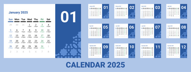 Desk Calendar 2025 with Islamic Hijri calendar . Calendar 2025 with landscape or horizontal design. week start on Sunday. Sunday as weekend. Friday as holy day marked with green.A3 format size.