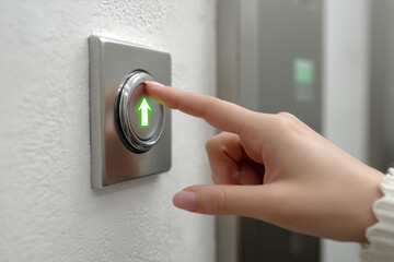 Naklejka premium A person is pressing an elevator button using their finger now