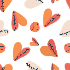 Seamless pattern with abstract stitched hearts and sport balls in dry brush hand-drawn style, warm coral orange and beige colors on white background