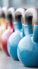 Naklejka premium Dumbbells and kettlebells create strength training opportunities as fitness enthusiasts build muscle