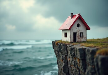 Weathered house on cliff edge above stormy oceanWeathered house on cliff edge above stormy ocean